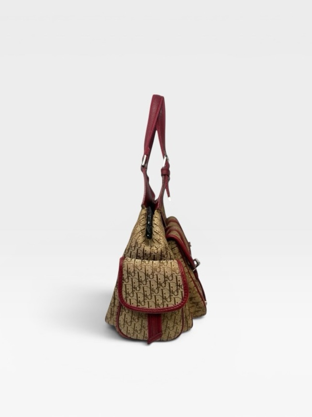 Dior Trotter Red Leather Trim Beige Logo Canvas Shoulder Bag - Picture 3 of 8